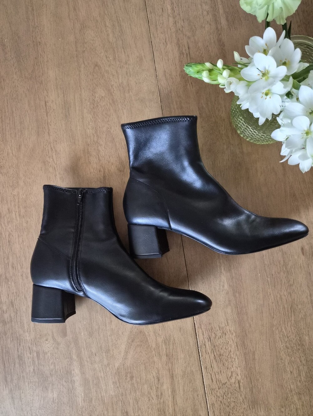 Zara Genuine Leather Black Block Heel Ankle Boots